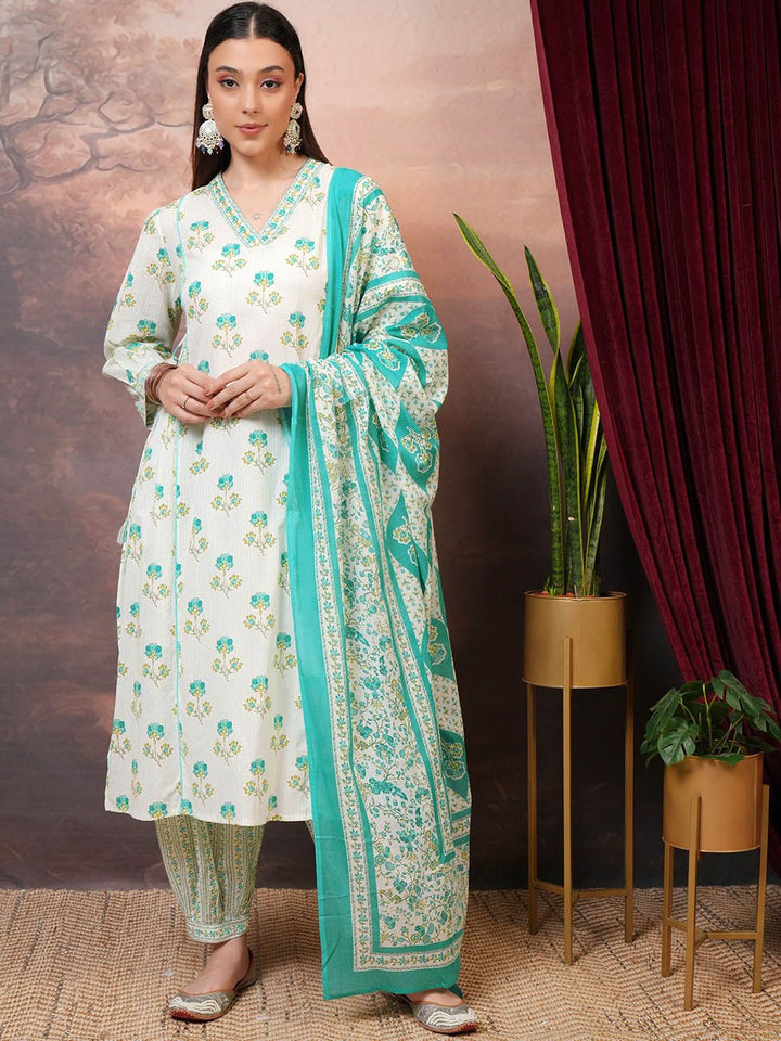 Vishudh Floral Printed Regular Pure Cotton Kurta with Salwar & Dupatta