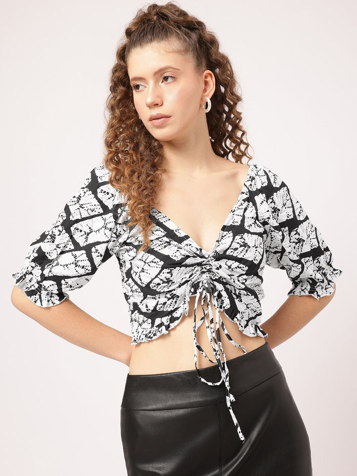 DressBerry Effortless Chic Monochrome Abstract Print Ruched Tie-Up Crop Top