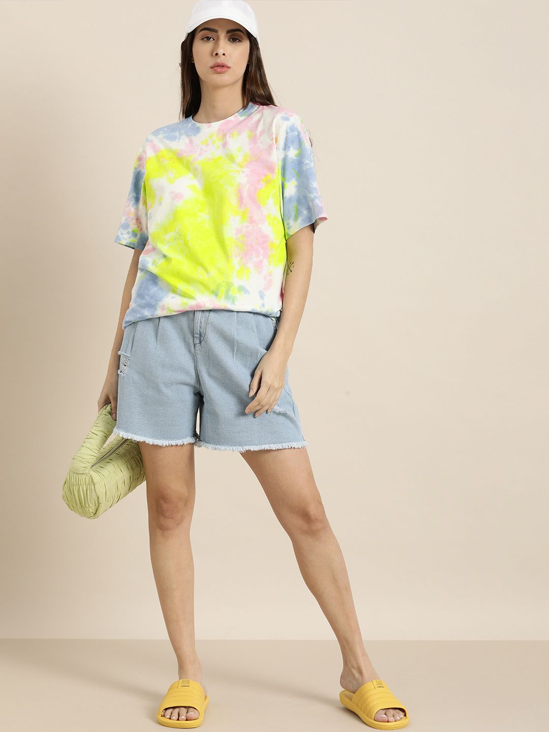 DILLINGER Women Pink  Blue Dyed Drop-Shoulder Sleeves Oversized Pure Cotton T-shirt