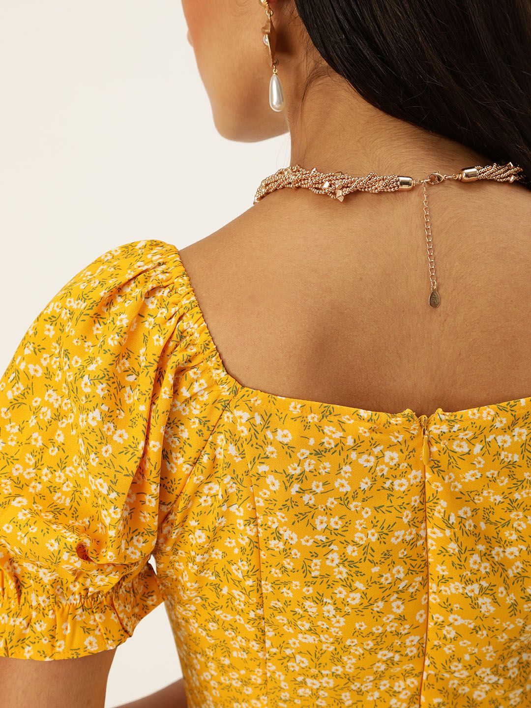 Berrylush Women Yellow & White Floral Printed Ruffled A-Line Dress with Tie-Up Detail