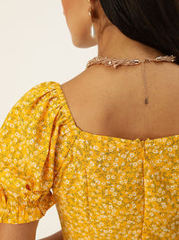 Berrylush Women Yellow & White Floral Printed Ruffled A-Line Dress with Tie-Up Detail