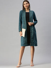 Global Desi Blue & Black Floral A-Line Dress With a Layer