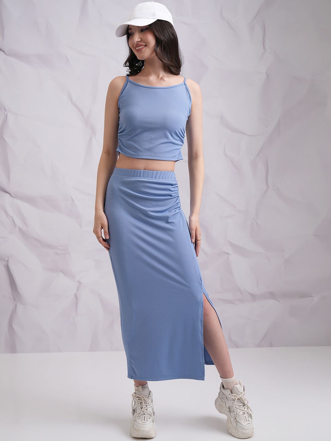 Tokyo Talkies Blue Ribbed Shoulder Straps Top With Flared Split Skirt