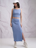Tokyo Talkies Blue Ribbed Shoulder Straps Top With Flared Split Skirt