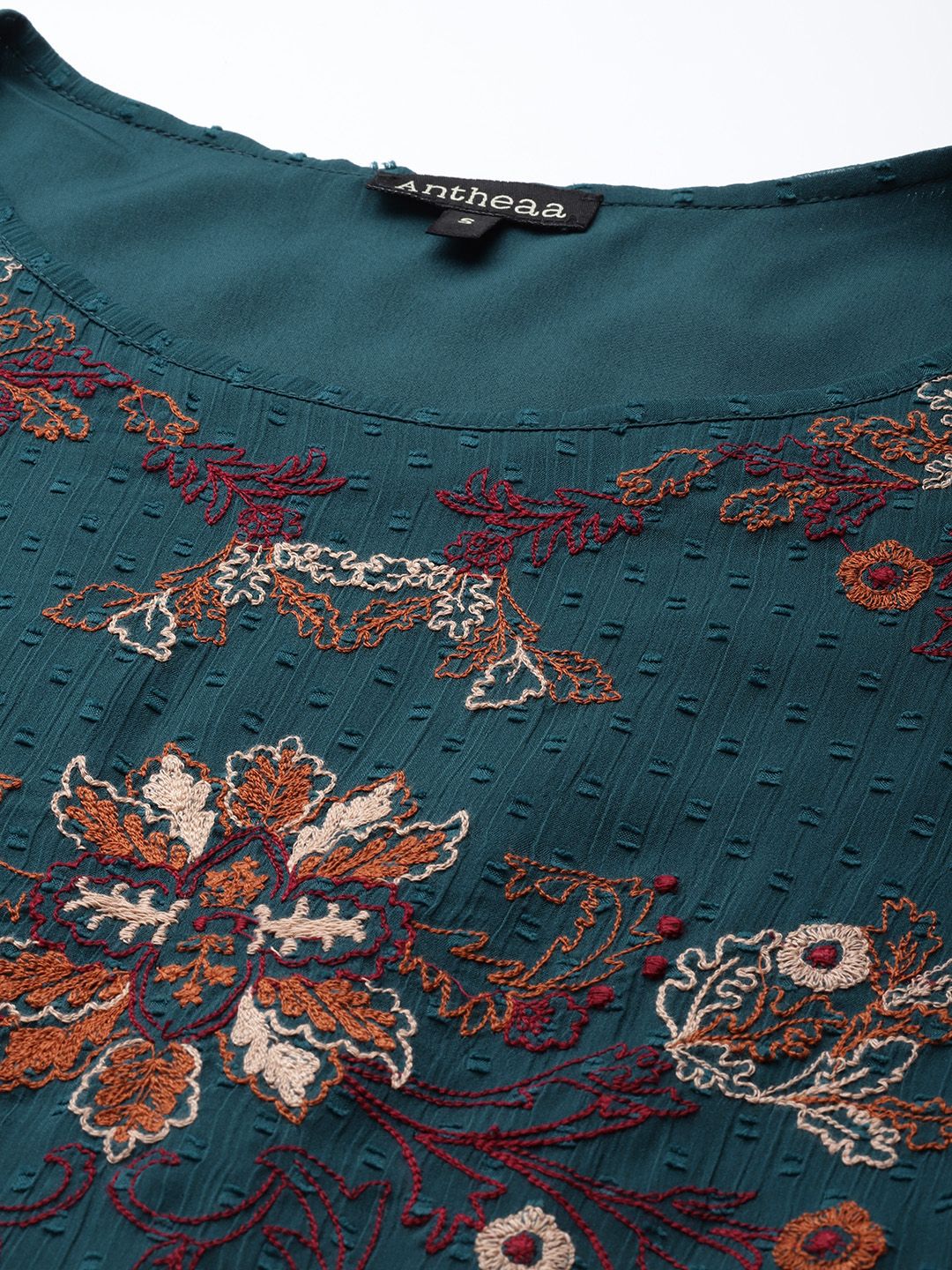 Antheaa Teal Green & Brown Floral Dobby Woven Embellished Maxi Tiered Dress