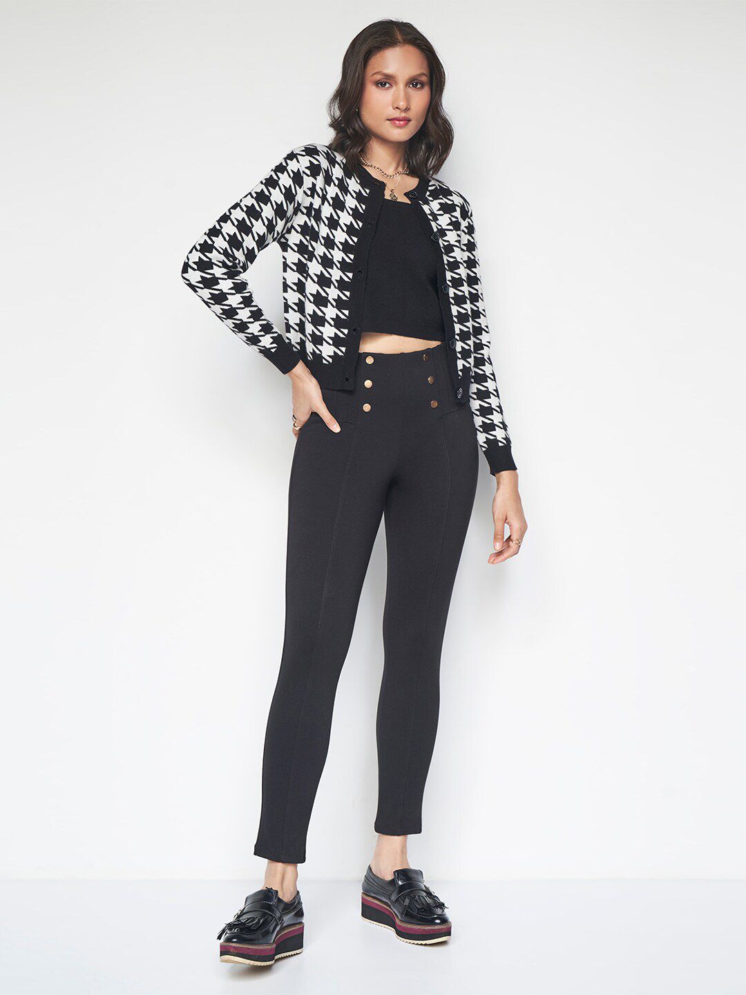 AND Geometric Printed Round Neck Long Sleeves Cardigan Sweater