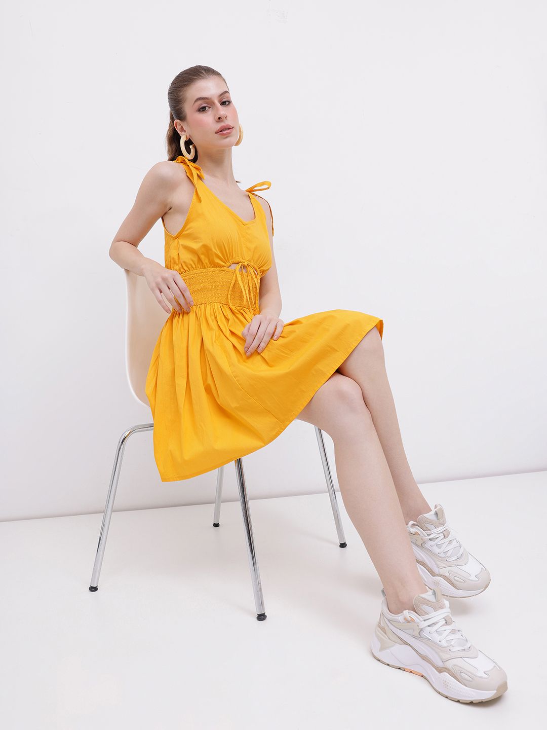 DressBerry Flattering Charm Cinched Smocked Waist Cut-Outs Bow Detailed A-line Mini Dress