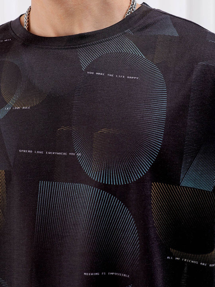 The Indian Garage Co Black Graphic Printed Drop Shoulder Sleeves Oversized T-shirt