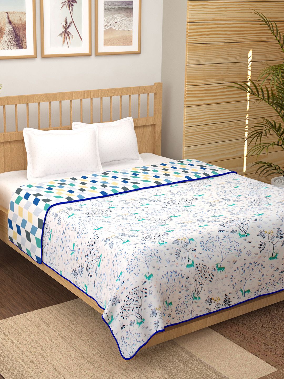 Story@home White & Blue Floral Cotton AC Room 150 GSM Reversible Double Bed Dohar