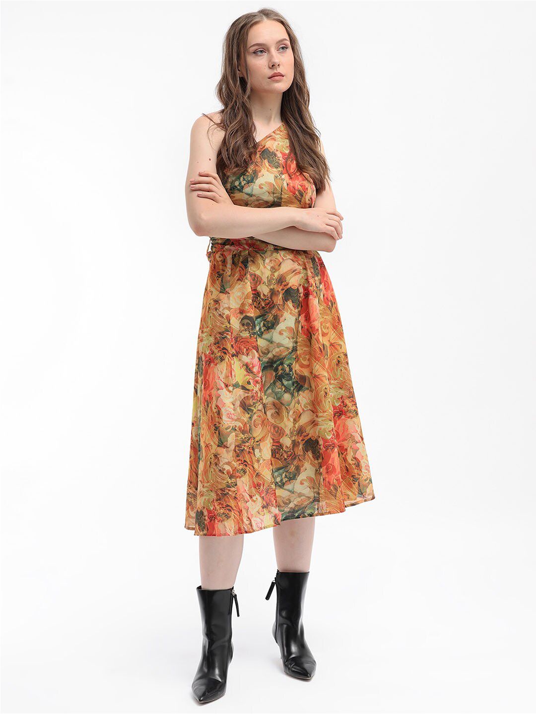 RAREISM Floral One Shoulder Print Fit & Flare Midi Dress
