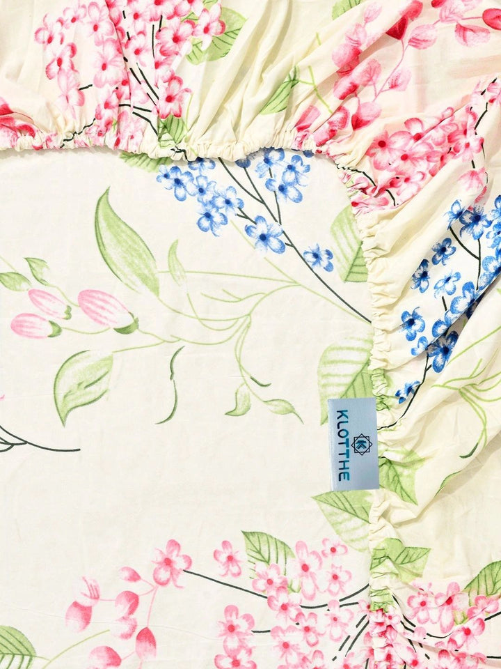 KLOTTHE Cream-Coloured Floral 300 TC King Bedsheet with 2 Pillow Covers