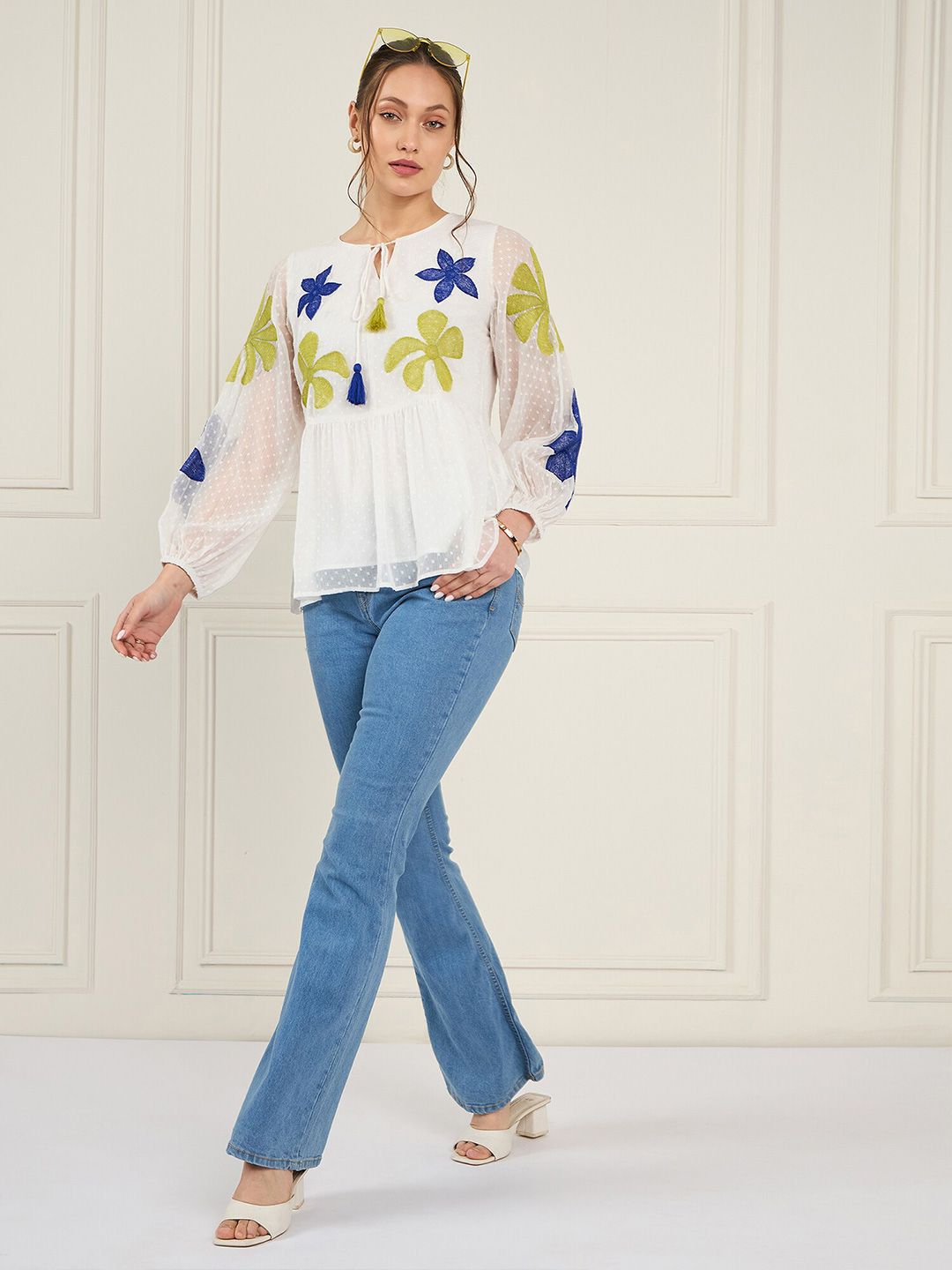 Antheaa Tie-Up Neck Puff Sleeve Chiffon A-Line Top