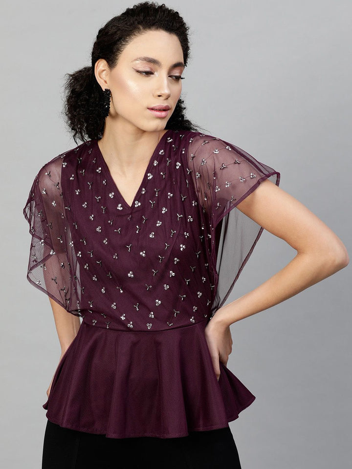 STREET 9 Burgundy Embellished Net Peplum Top