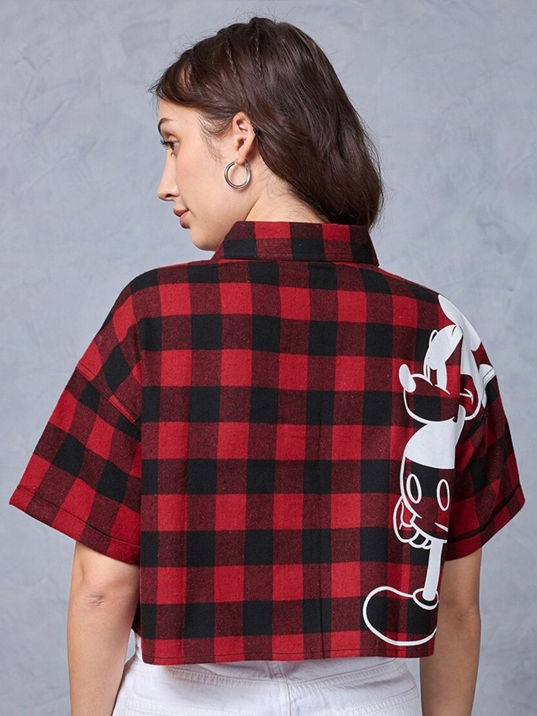 Bewakoof Mickey Mouse Buffalo Checked Crop Casual Oversized Shirt