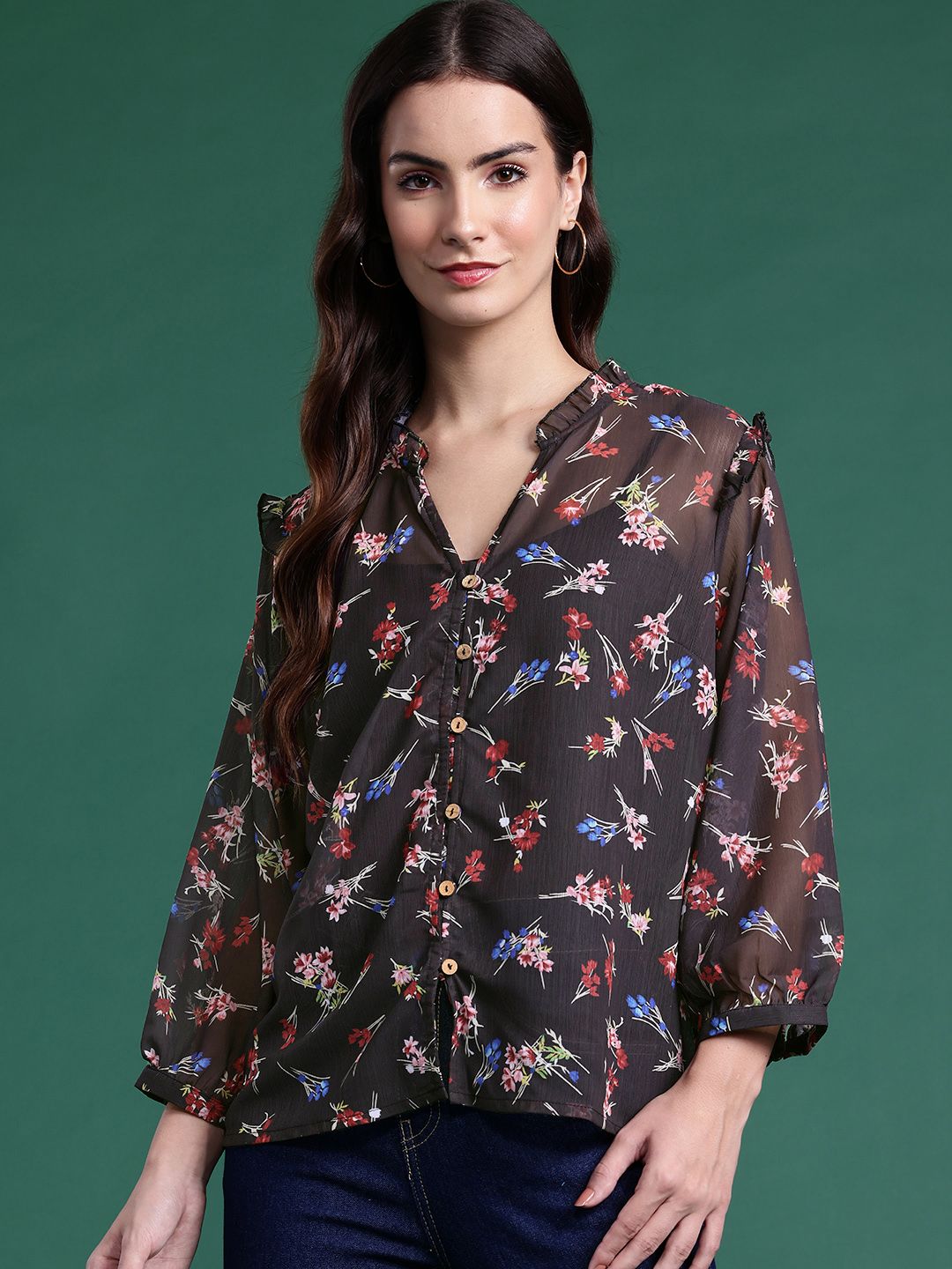 DressBerry Floral Print Ruffles Shirt Style Top