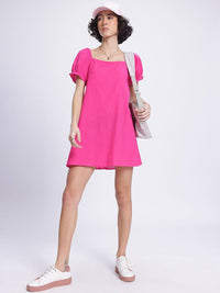 DressBerry Barbiecore Puff Sleeve Tie-Up Back A-Line Mini Dress