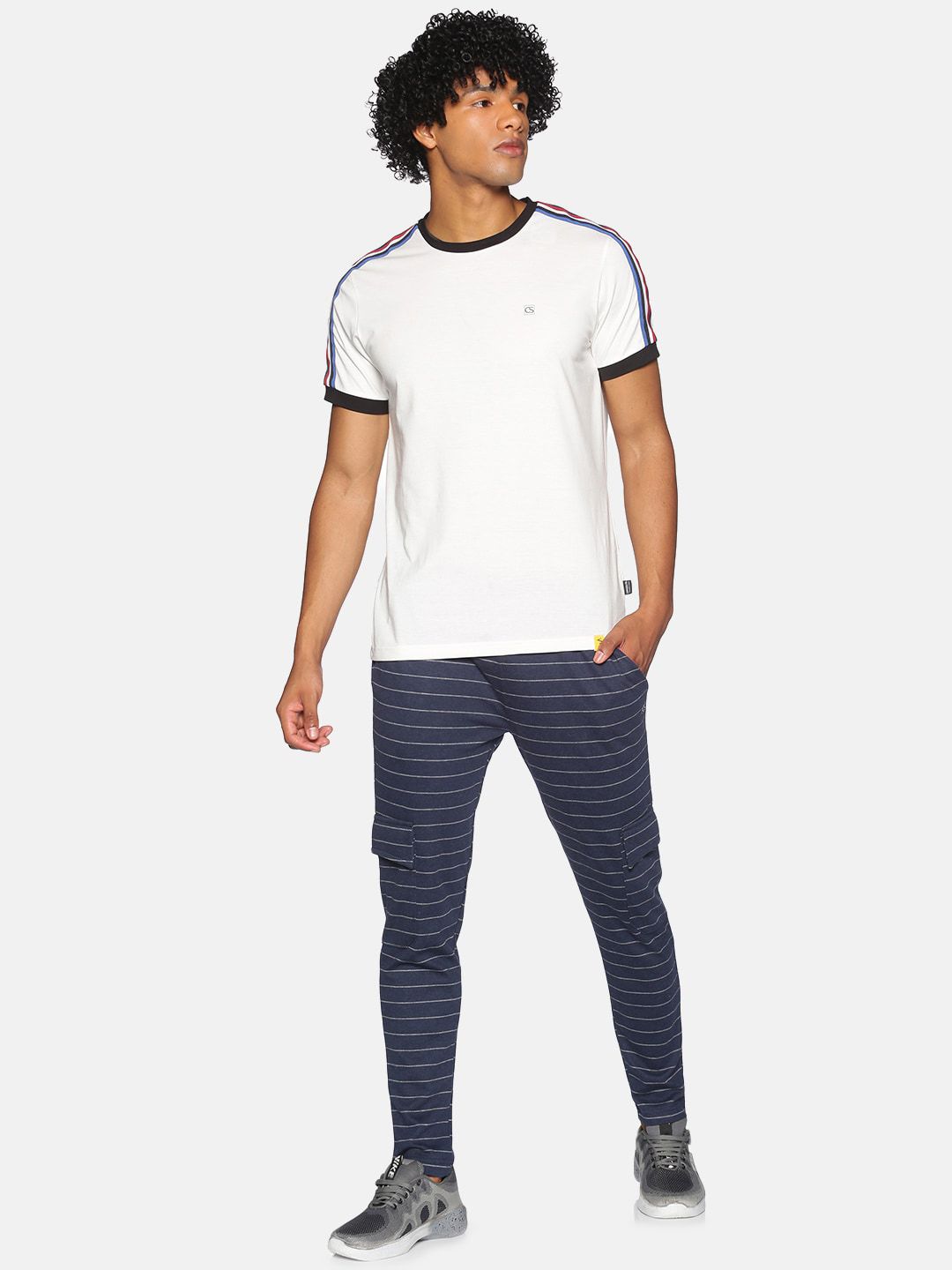 Campus Sutra Men Navy Blue & White Striped Straight-Fit Cotton Track Pants