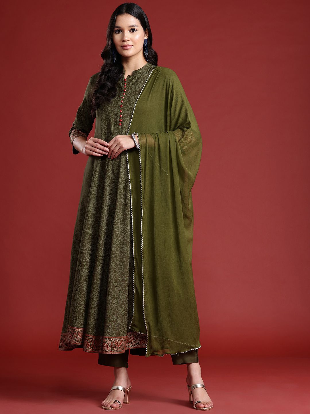 Anouk Floral Printed Button-Detail Anarkali Kurta with Trousers & Dupatta