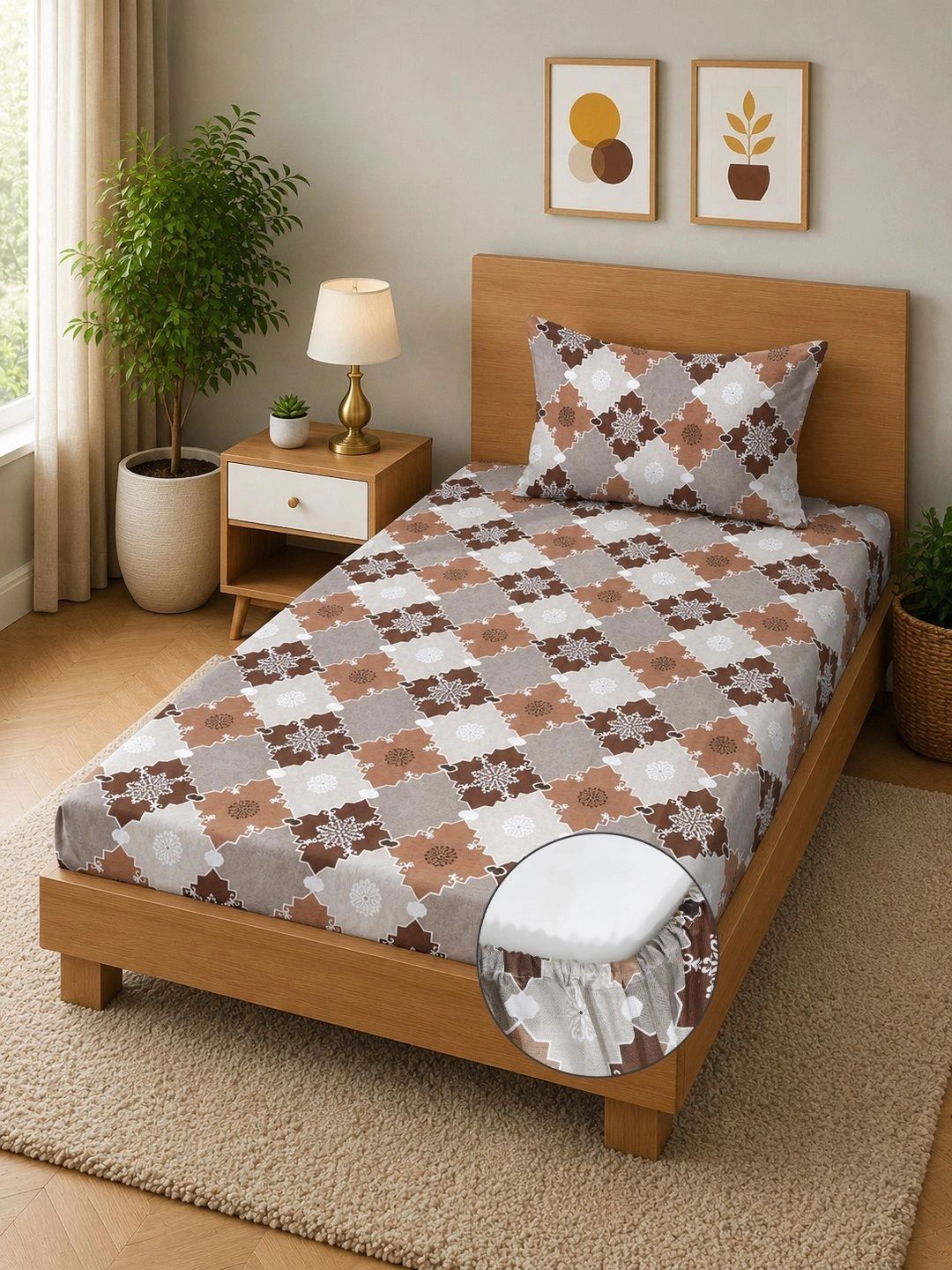 Moda Rapido X KLOTTHE Brown Geometric 400 TC Single Bedsheet with 1 Pillow Covers