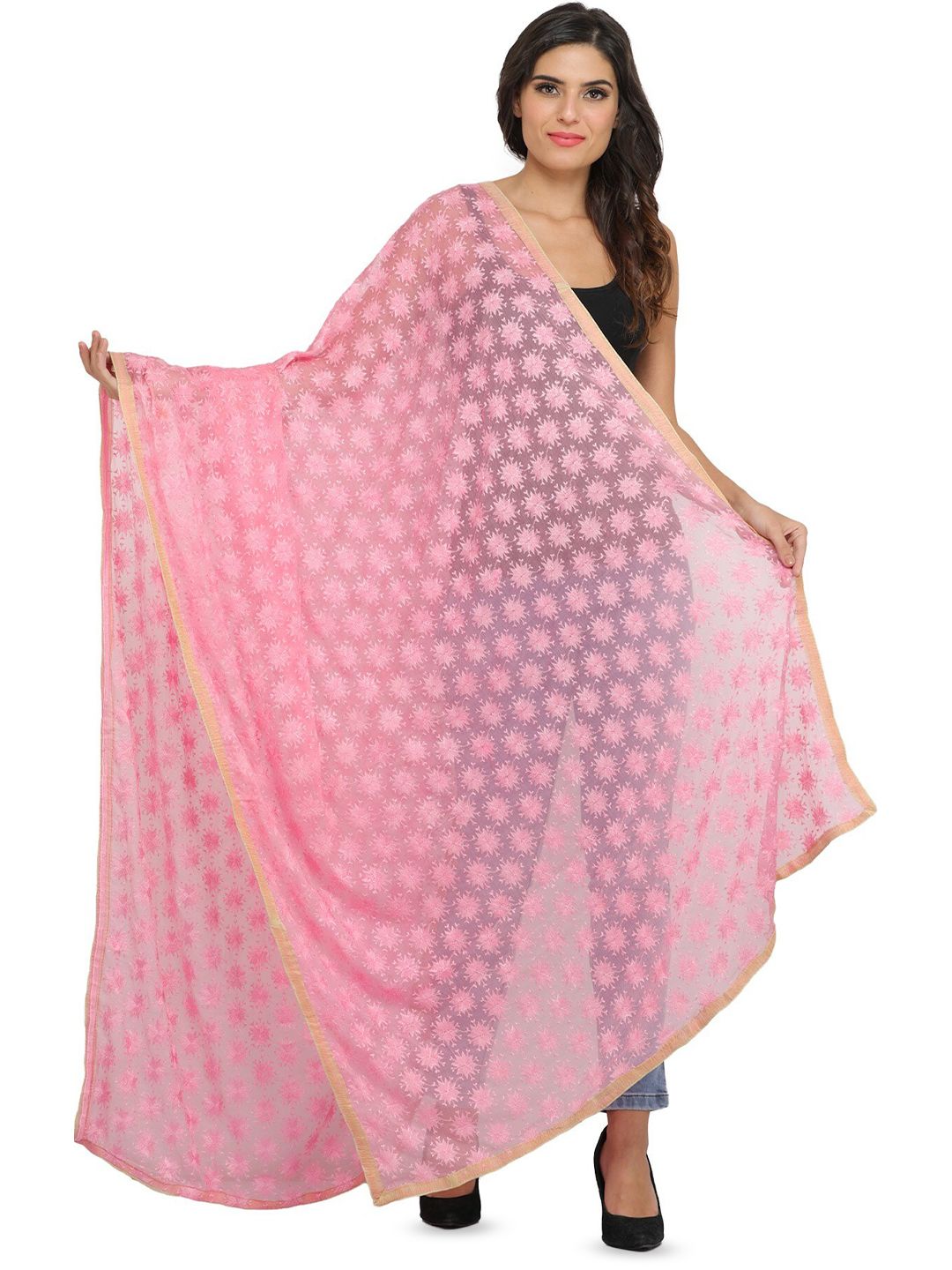 Exotic India Candy Pink Phulkari Dupatta with Embroidered Bootis in Self-color Thread
