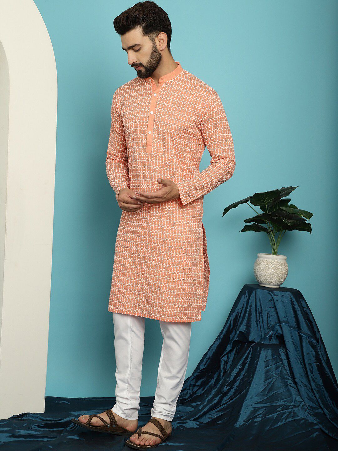 SOJANYA Embroidered Sequinned Pure Cotton Kurta with Pyjama Set