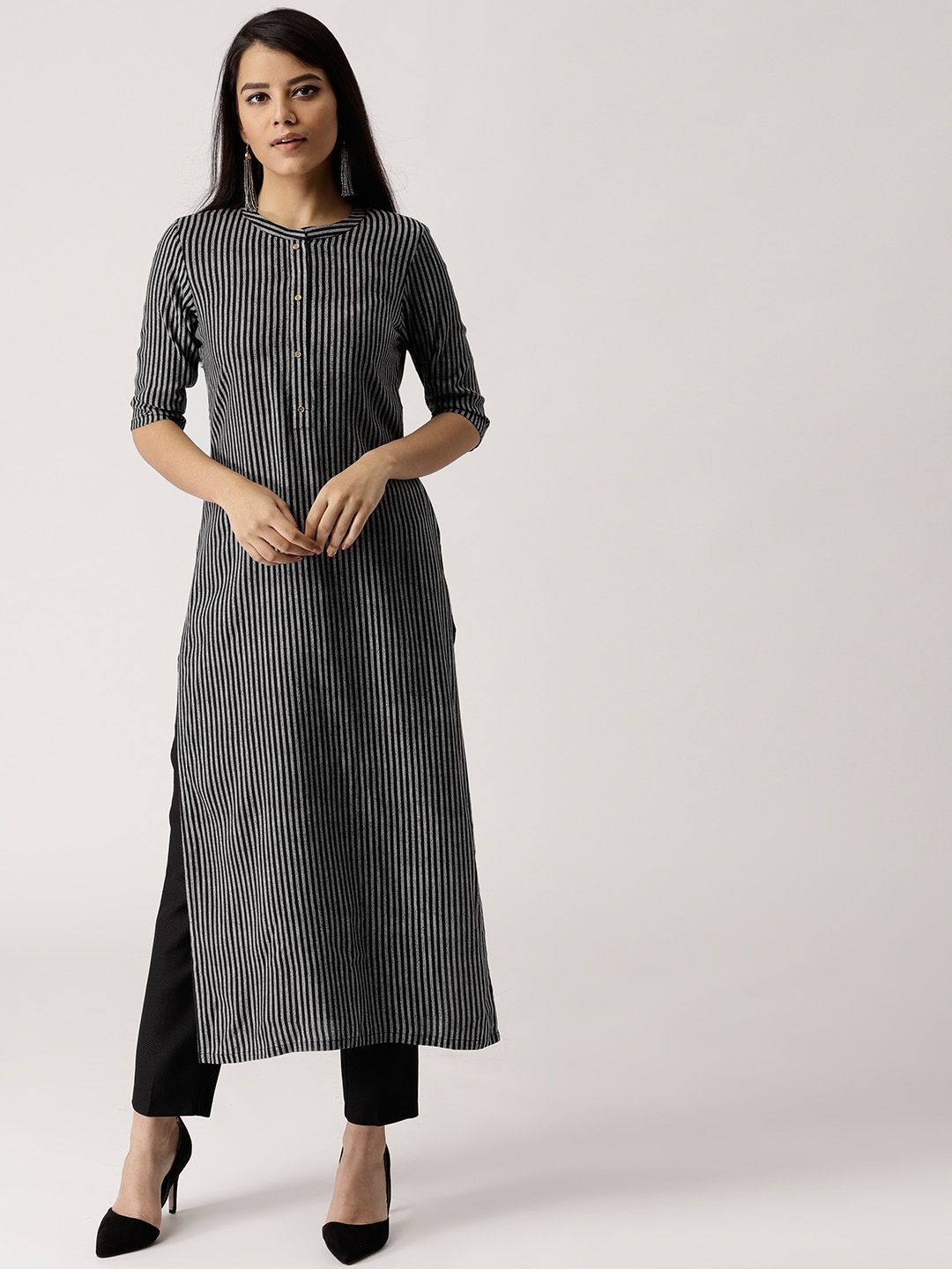 Libas Women Black & Grey Striped Straight Kurta