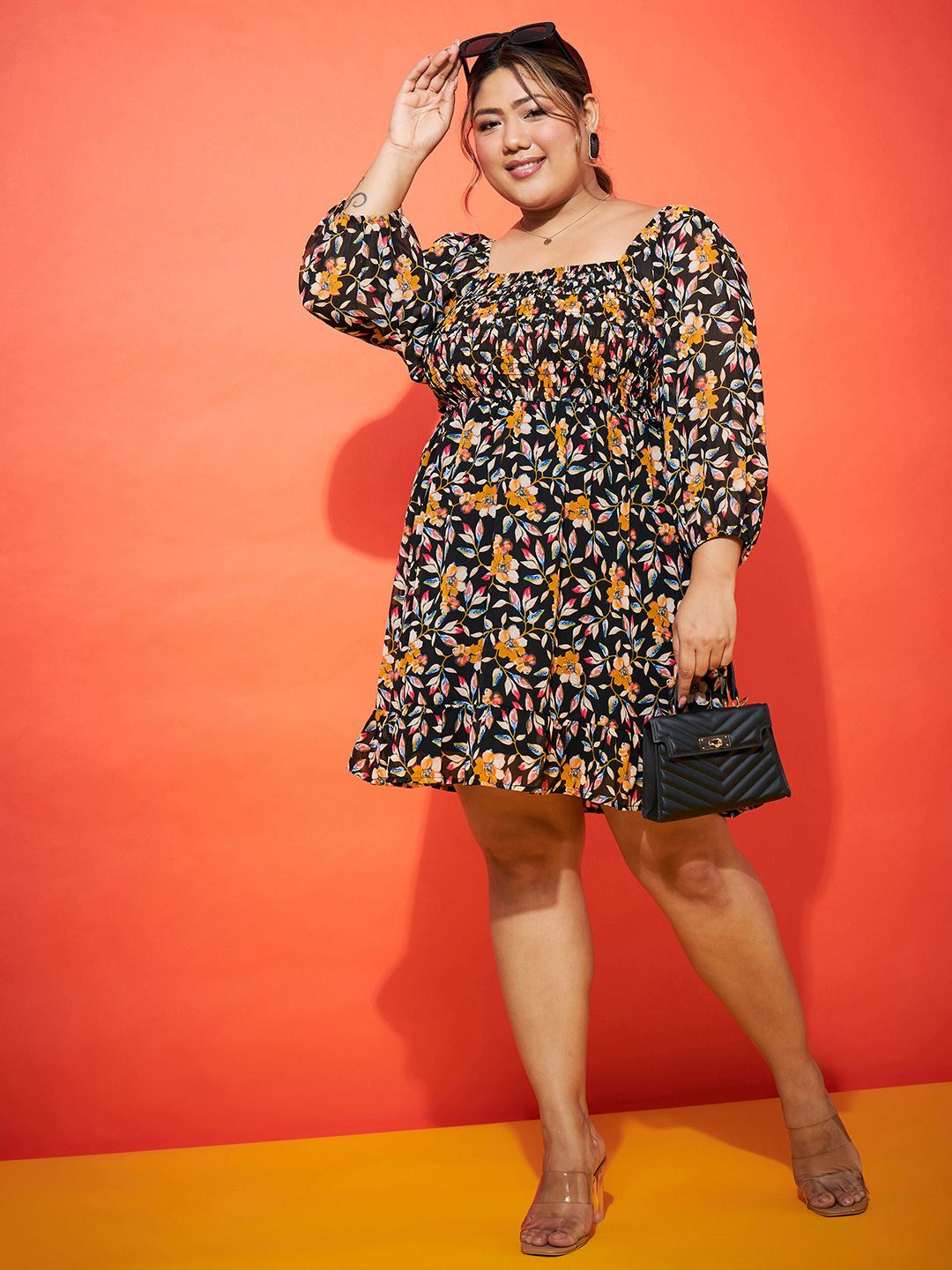 SASSAFRAS Curve Plus Size Black Floral Printed Smocked Georgette Fit & Flare Dress