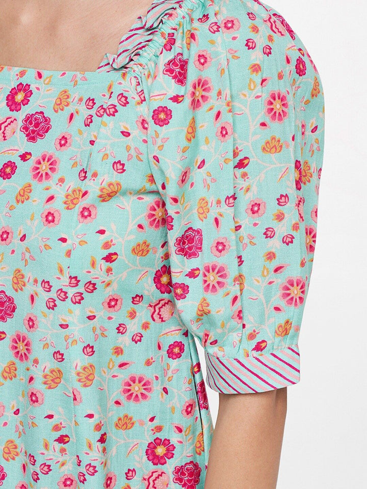 Global Desi Blue & Pink Floral A-Line Mini Dress