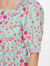Global Desi Blue & Pink Floral A-Line Mini Dress