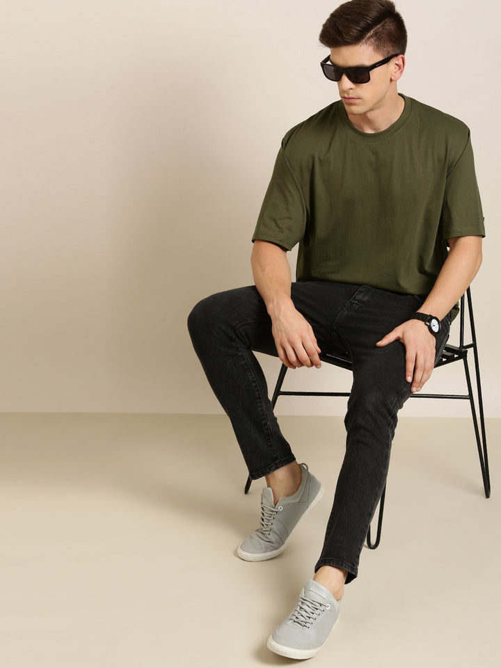 DILLINGER Men Olive Green Pure Cotton Drop-Shoulder Sleeves Oversized Fit T-shirt