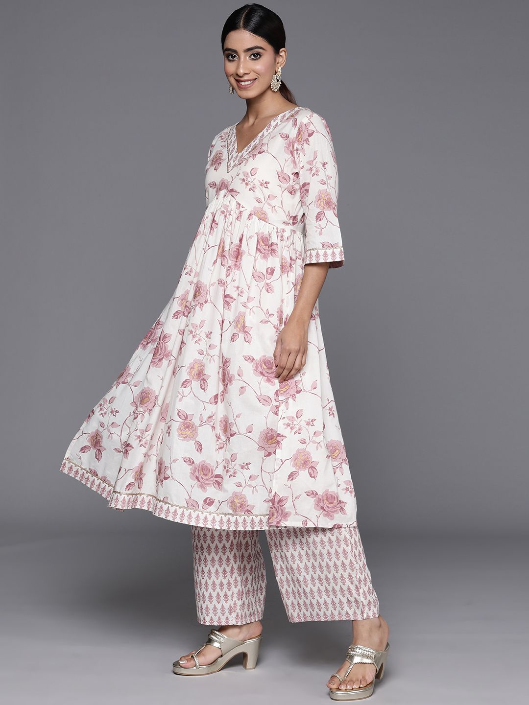Libas Women Floral Printed Gotta Patti Pure Cotton Kurta with Palazzos