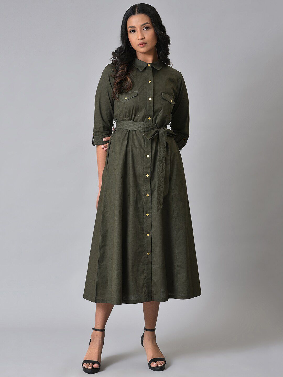 W Rool-Up Sleeves Pure Cotton Shirt Midi Dress