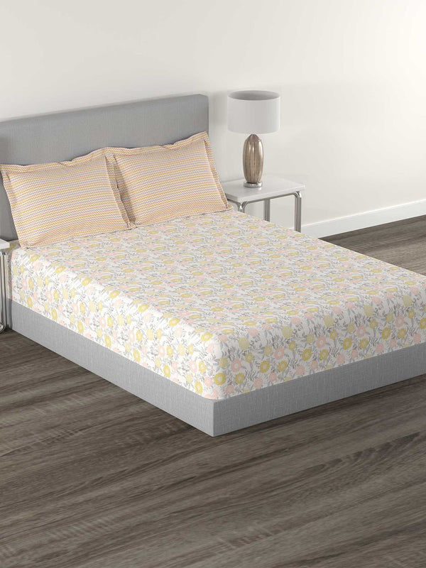 MYTRIDENT Doodle Flora Peach Flat 144TC Queen Cotton Bedsheet Set