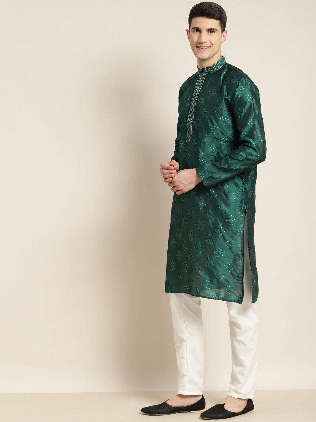 SOJANYA Kurta Lurus Kolar Mandarin Rekaan Tenunan dengan Churidar