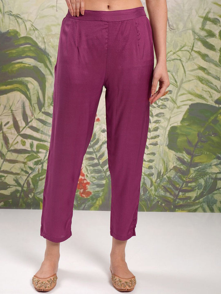 Vishudh Burgundy Floral Printed Beads & Stones Straight Kurta With Trousers & Dupatta