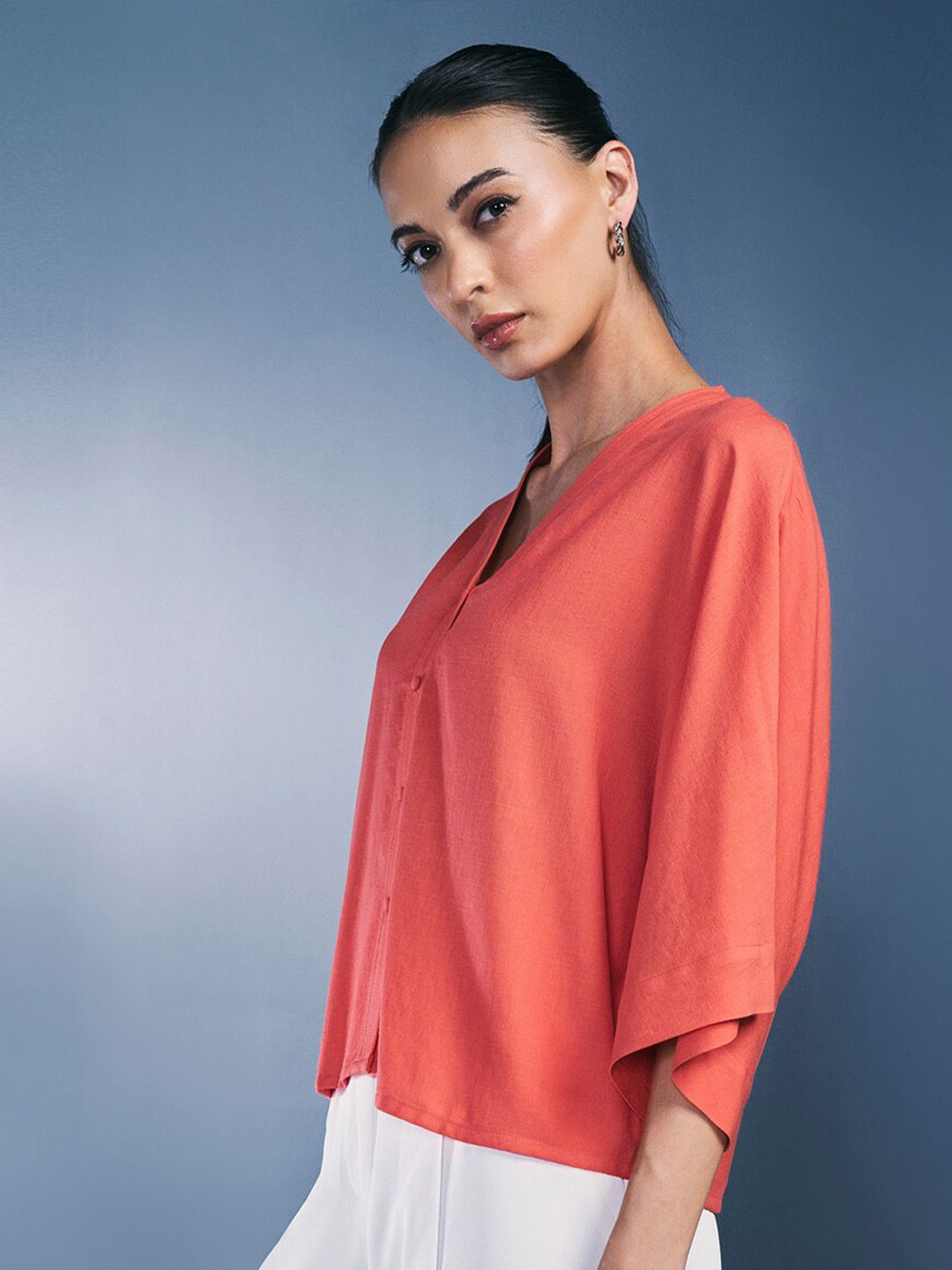 AND V-Neck Kimono Sleeves Shirt Style Top