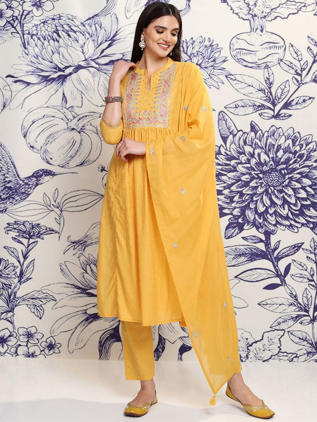 Vishudh Mustard Yellow Embroidered Regular Sequinned Pure Cotton Anarkali Kurta Set