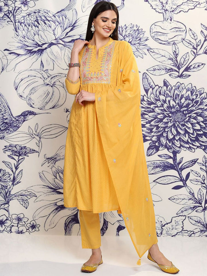 Vishudh Mustard Yellow Embroidered Regular Sequinned Pure Cotton Anarkali Kurta Set