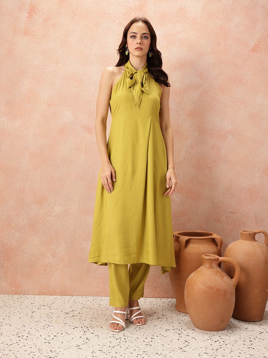 all about you Tie-Up Detail Halter Neck Empire-Style A-Line Kurta with Trousers