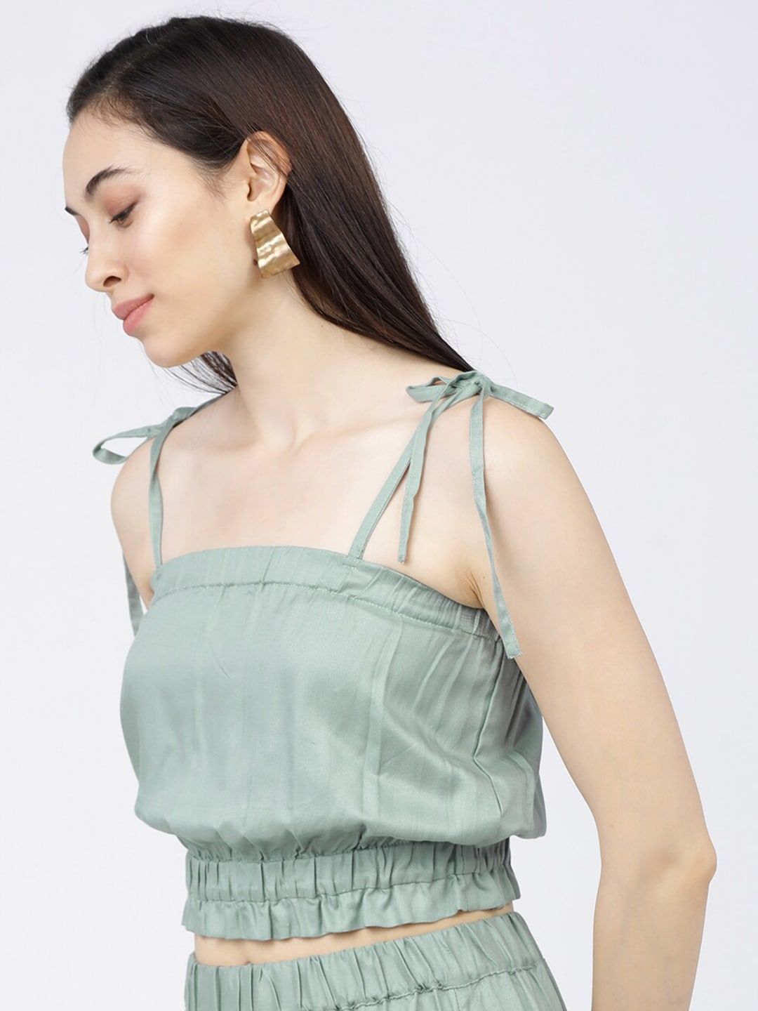 Tokyo Talkies Women Green Blouson Crop Top