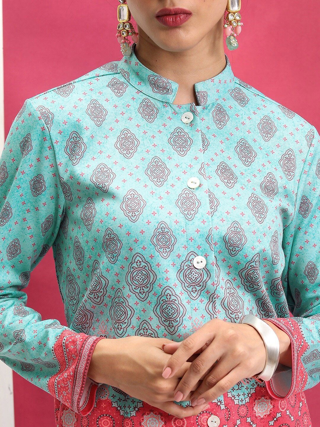 Vishudh Turquoise Blue Printed Mandarin Collar Shirt With Trouser