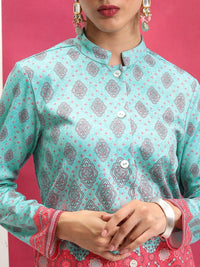 Vishudh Turquoise Blue Printed Mandarin Collar Shirt With Trouser