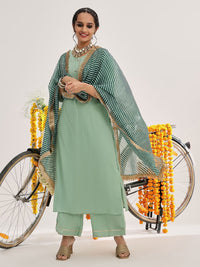 Varanga Green Gotta Patti Detail Straight Kurta & Palazzos With Dupatta