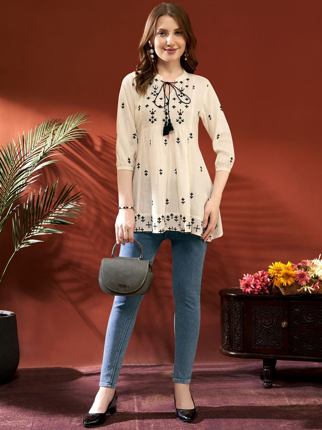 Anouk Women Embroidered Tie-Up Neck Above Knee Kurta