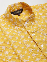 SOJANYA Men Yellow & White Embroidered Thread Work Kurta with Churidar & Nehru Jacket