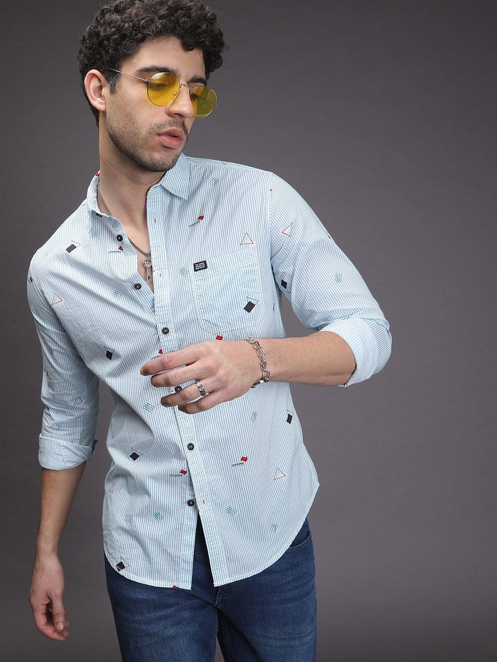 The Indian Garage Co Men Blue & White Slim Fit Striped Casual Shirt