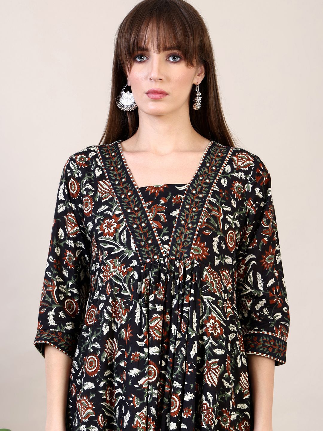 KALINI Floral Printed Empire Mirror Work Kurta with Trouser & Dupatta