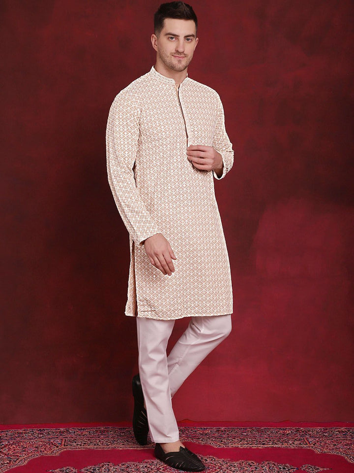Jompers Geometric Self Design Thread Work Pure Cotton Kurta With Pyjamas