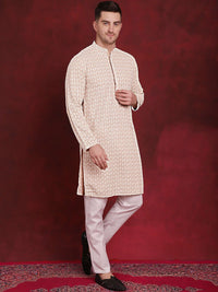Jompers Geometric Self Design Thread Work Pure Cotton Kurta With Pyjamas