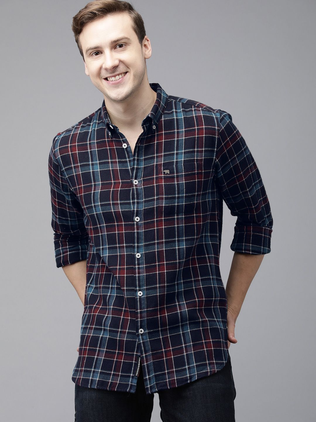 THE BEAR HOUSE Men Navy Blue Slim Fit Checked Flannel Pure Cotton Casual Shirt